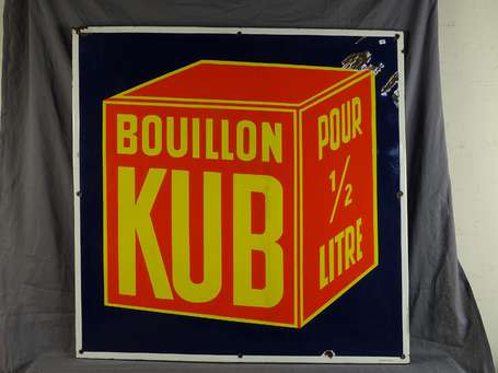 BOUILLON KUB : Plaque émaillée plate à rebords. 