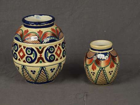 KERALUC - Deux vases ovoïdes en faïence polychrome