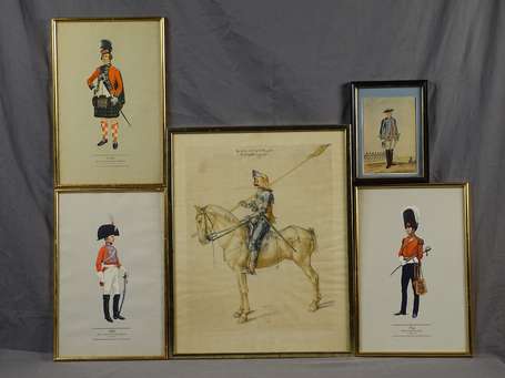 Cinq gravures et tirages diverses militaires.