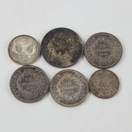 1 lot de 6 monnaies en argent (une 50F Hercule, 