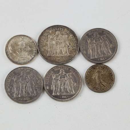 1 lot de 6 monnaies en argent (une 50F Hercule, 