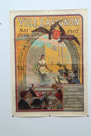 VILLE D'AVIGNON MAI JUIN 1907. Affiche entoilée et