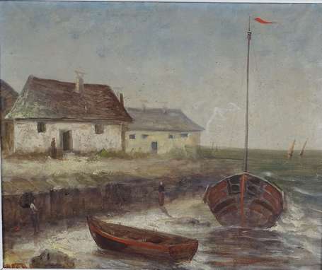 ECOLE XXe - Bateaux sur la jetée. Huile sur toile,