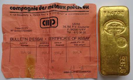 Lingot or n°714702, 999,8gr Brut (Pour enchérir 