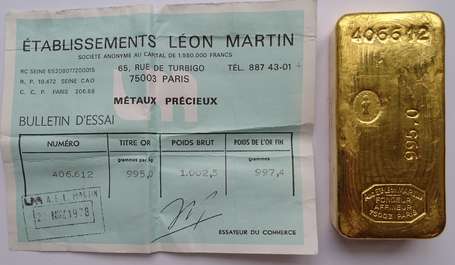 Lingot or n°406612, 1002,5gr Brut (Pour enchérir 