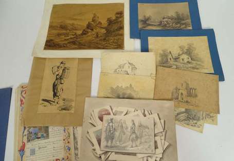 Lot de 15 dessins dont 8 paysages signés A. 