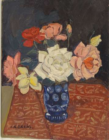 GREIG Albert (1913-1997) - Bouquet de roses. Huile