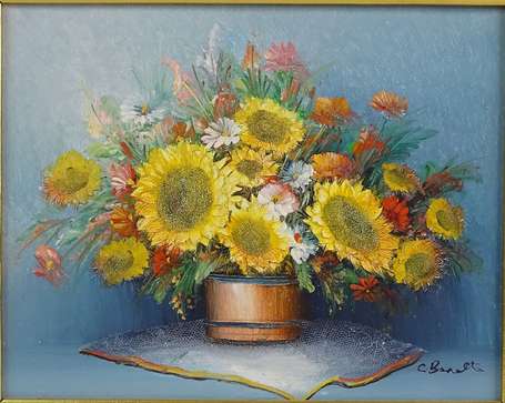 BENOLT C. XXe - Bouquet au tournesols. Huile sur 