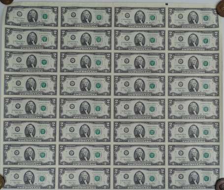 Etats-Unis - 1 planche de 32 billets de 2 Dollars 