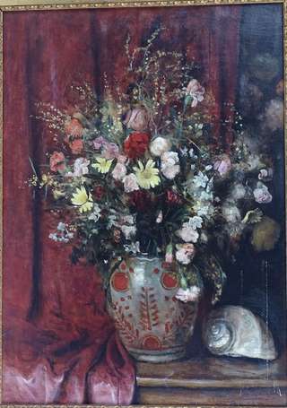 ECOLE XXe - Bouquet au vase rouge. Huile sur toile