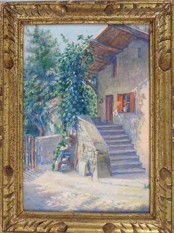 ECOLE XXe - Cour de ferme. Huile sur toile. 35 x 