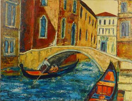 HERMOUET Luc XXe - Venise Pont et Gondole. Huile 