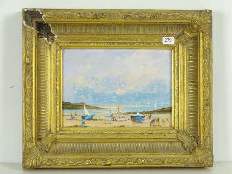 ECOLE Xxé Bord de mer animé. Huile sur panneau 