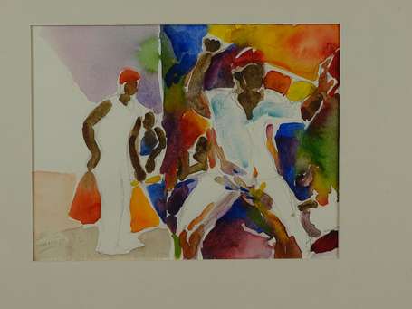 SONNAJA (Xxe S) - Marché africain, aquarelle 