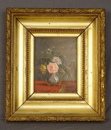 O.D XIXe - Bouquet de roses et de fleurs sauvages.