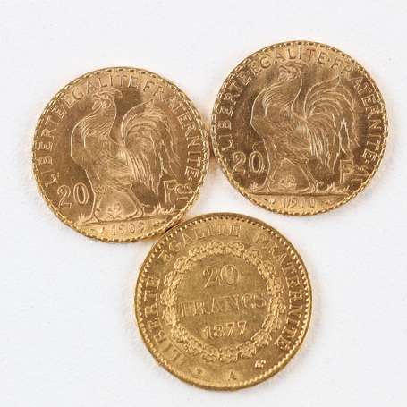 Trois pièces de 20 Francs or 1877 A,1909 et 1910. 