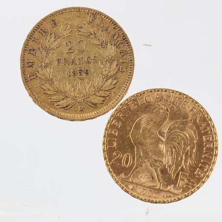 Deux pièces de 20 francs or Napoléon III tête nue 