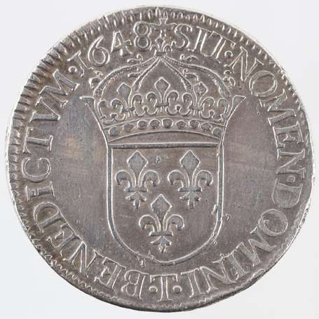 Louis XIV. Ecu à la mèche longue en argent  1648 T