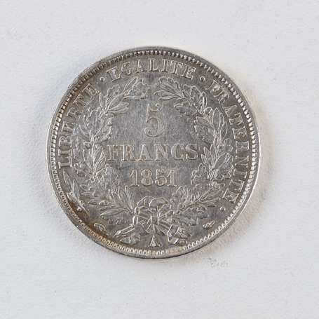 Deuxième République. 5 Frs Cérès en argent 1851 A.