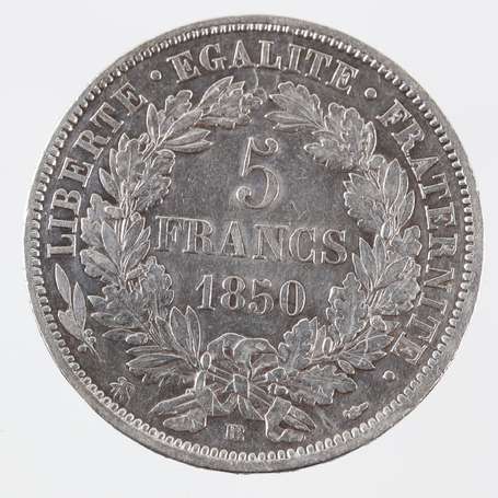 Deuxième République. 5 Frs Cérès en argent 1850 BB