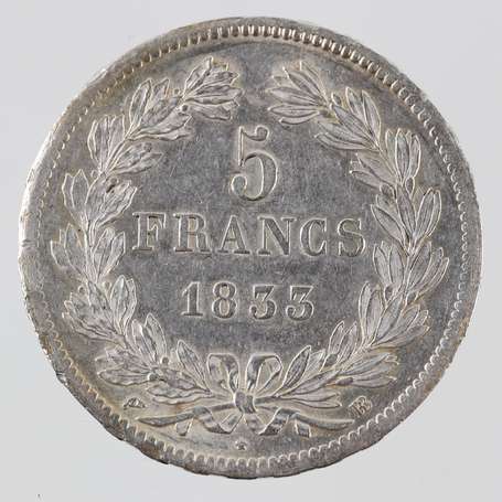 Louis Philippe 1er. 5 Frs en argent 1833 BB. TTB.